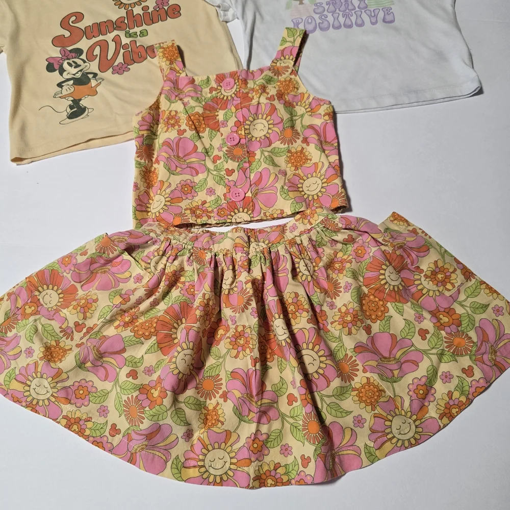 4T Girls' Floral Skirt With Matching Tops - Pink, White and Yellow - Picture 2 of 16